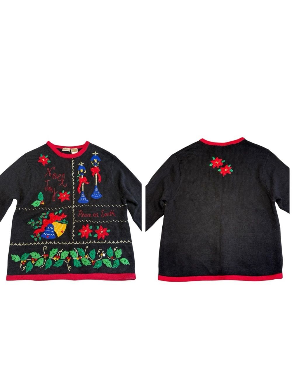 Bobbie Brooks Vintage Christmas Holiday Ugly Sweater Black XL Peace on Earth